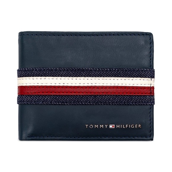 Tommy Hilfiger Men's Denim Stripe Overlay Genuine Leather Passcase Wallet Navy - Picture 1 of 4